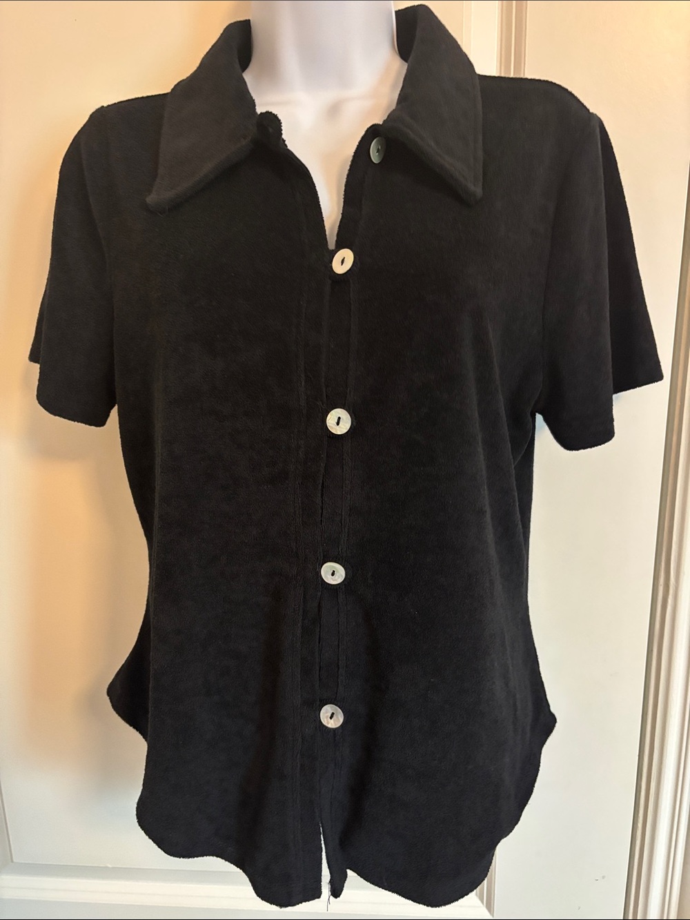 WAYF ‘98  Black Terrycloth Short-Sleeve Button-Down Shirt L #165T